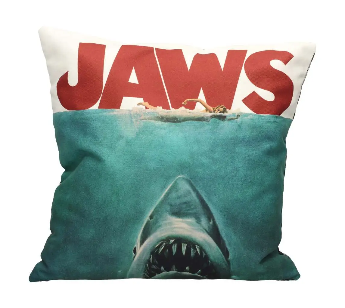 jaws poster collage square cushion