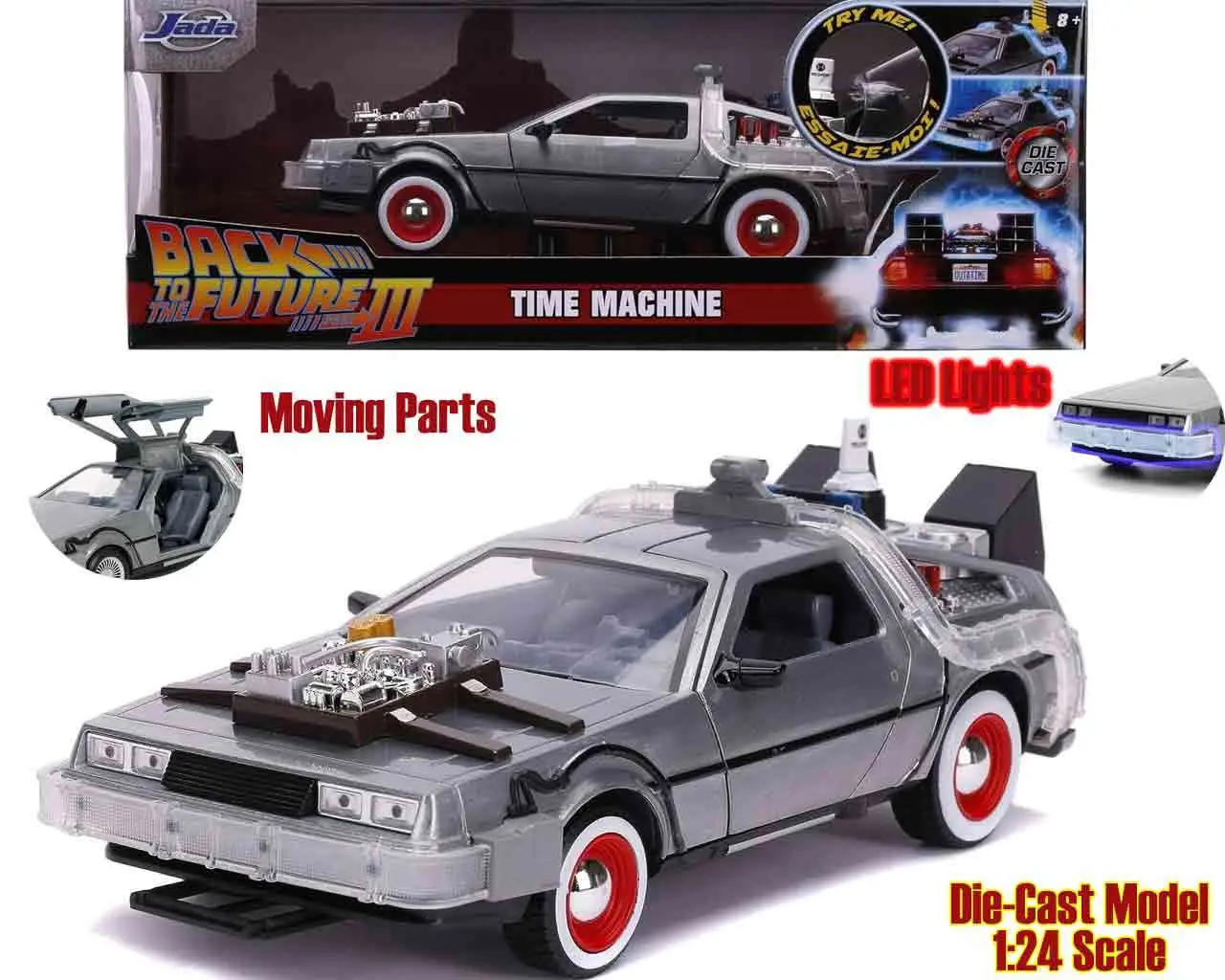 back to the future part 3 - 1982 de lorean dmc 12 - 1:24 die-cast model with lights