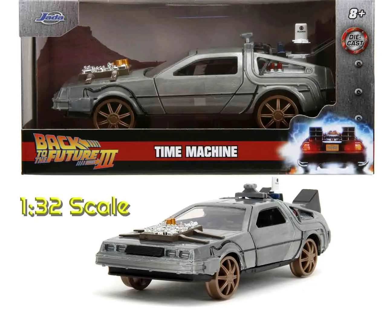 back to the future part 3 - 1982 de lorean dmc 12 with railroad wheels - 1:32 die-cast model limited edition