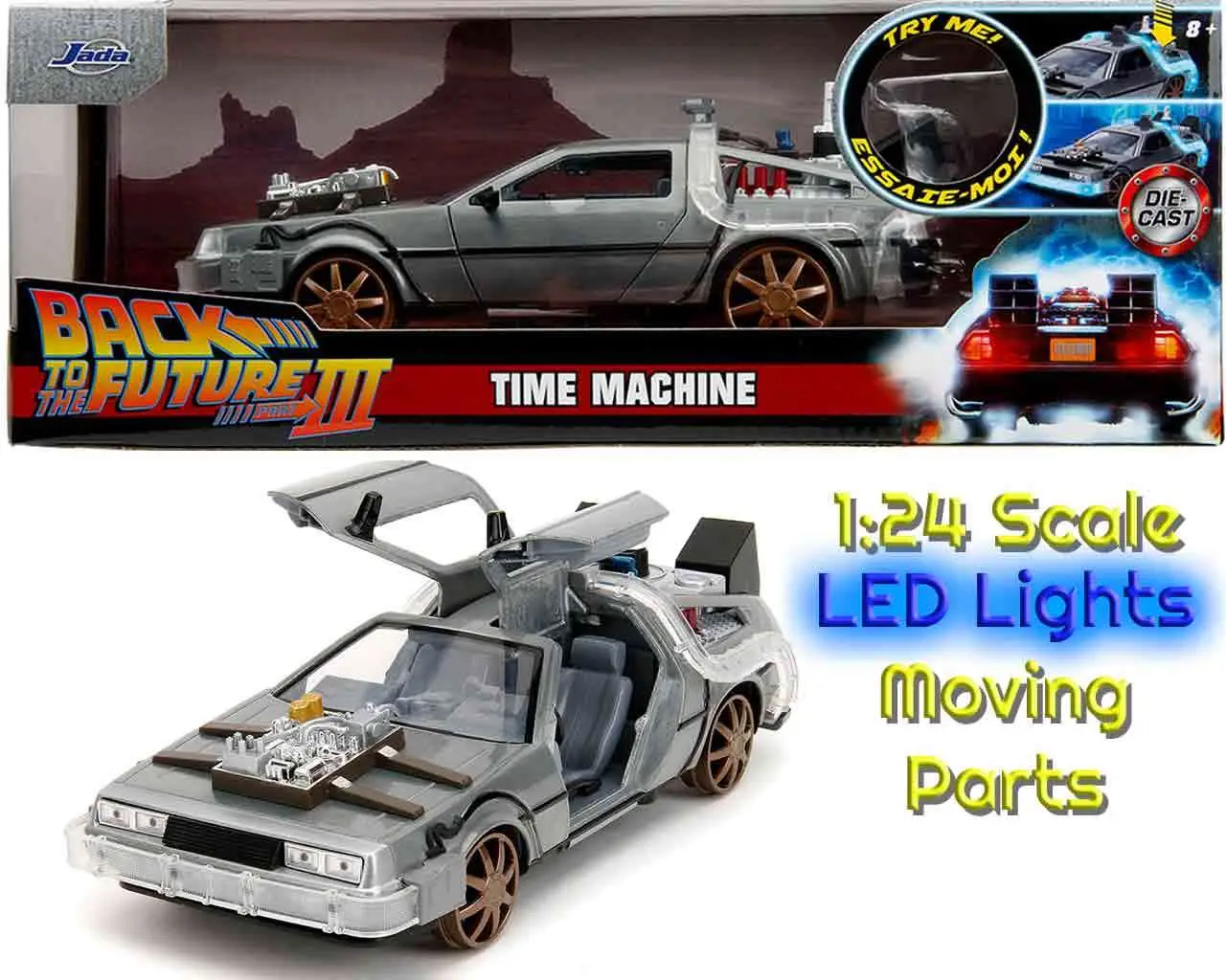 back to the future part 3 - 1982 de lorean dmc 12 with railroad wheels - 1:24 die-cast model limited edition