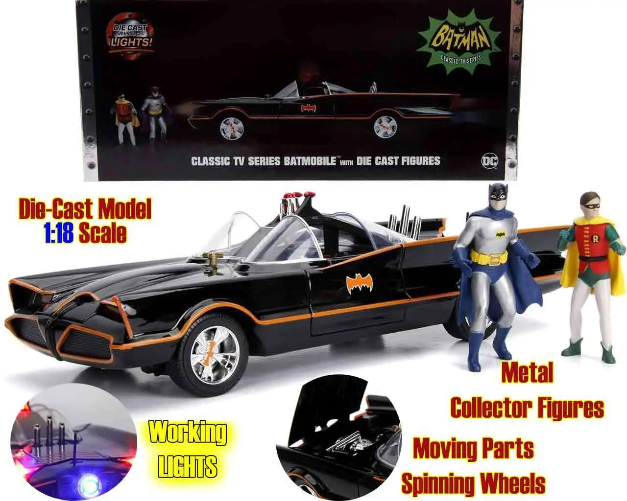 batman 1966 - batmobile with batman & robin - 1:18 die-cast model with lights limited edition