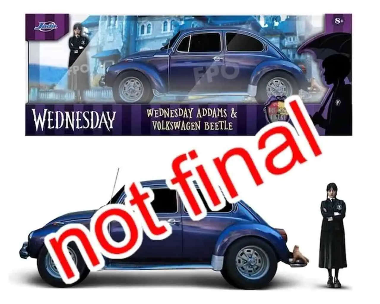 netflix's wednesday - 1972 wolksvagen beetle with wednesday addams - 1:24 die-cast model